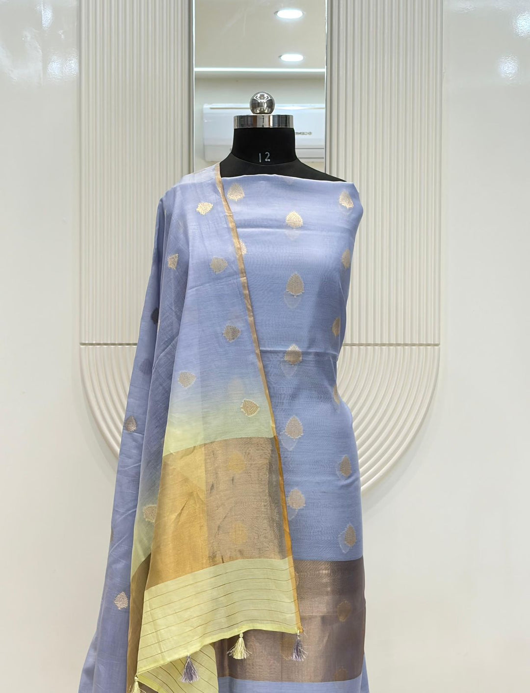 Pure Banarasi Mul Chanderi Silk Unstitched Suit With Zari weaved Palla