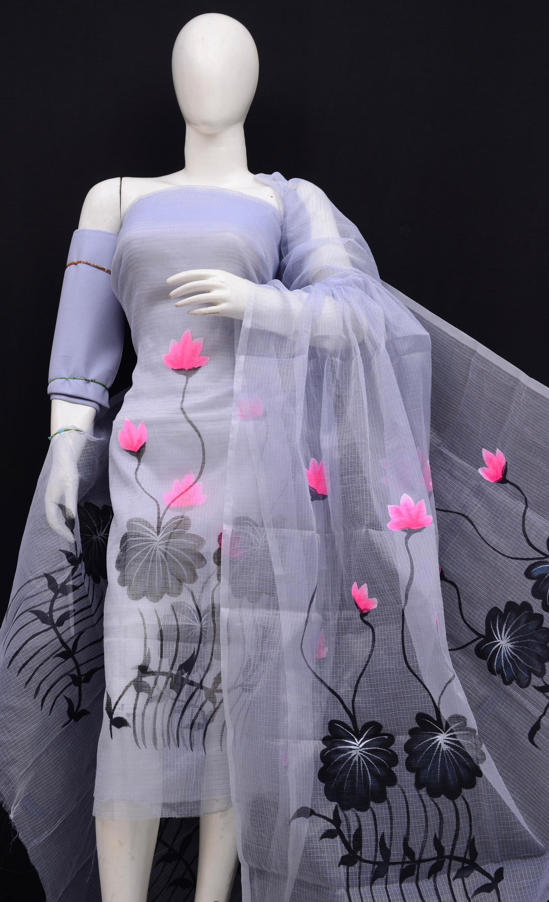 Pure Kota Doria Hand Brush Print Work 3pc Unstitched Suit