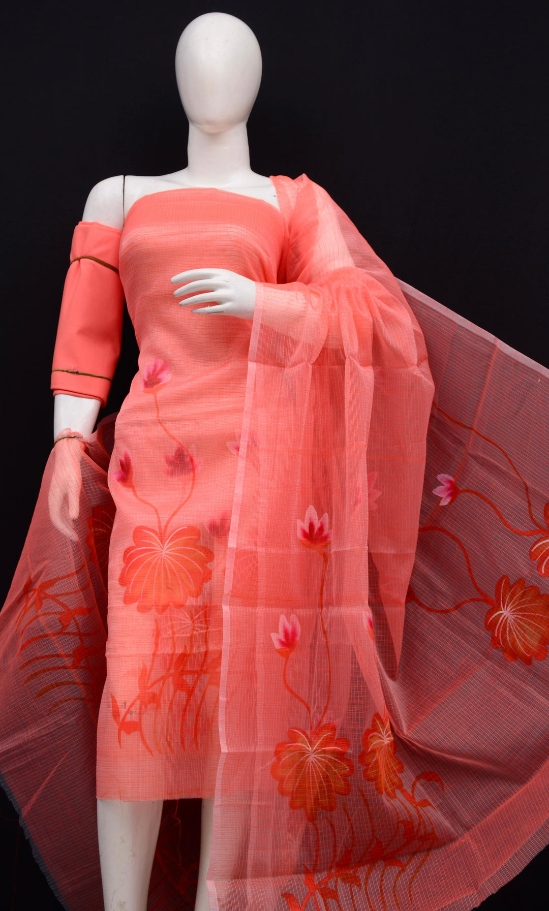 Pure Kota Doria Hand Brush Print Work 3pc Unstitched Suit