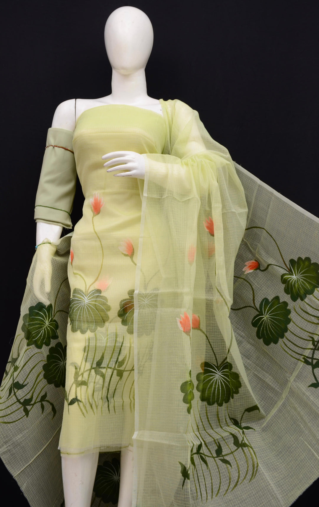 Pure Kota Doria Hand Brush Print Work 3pc Unstitched Suit