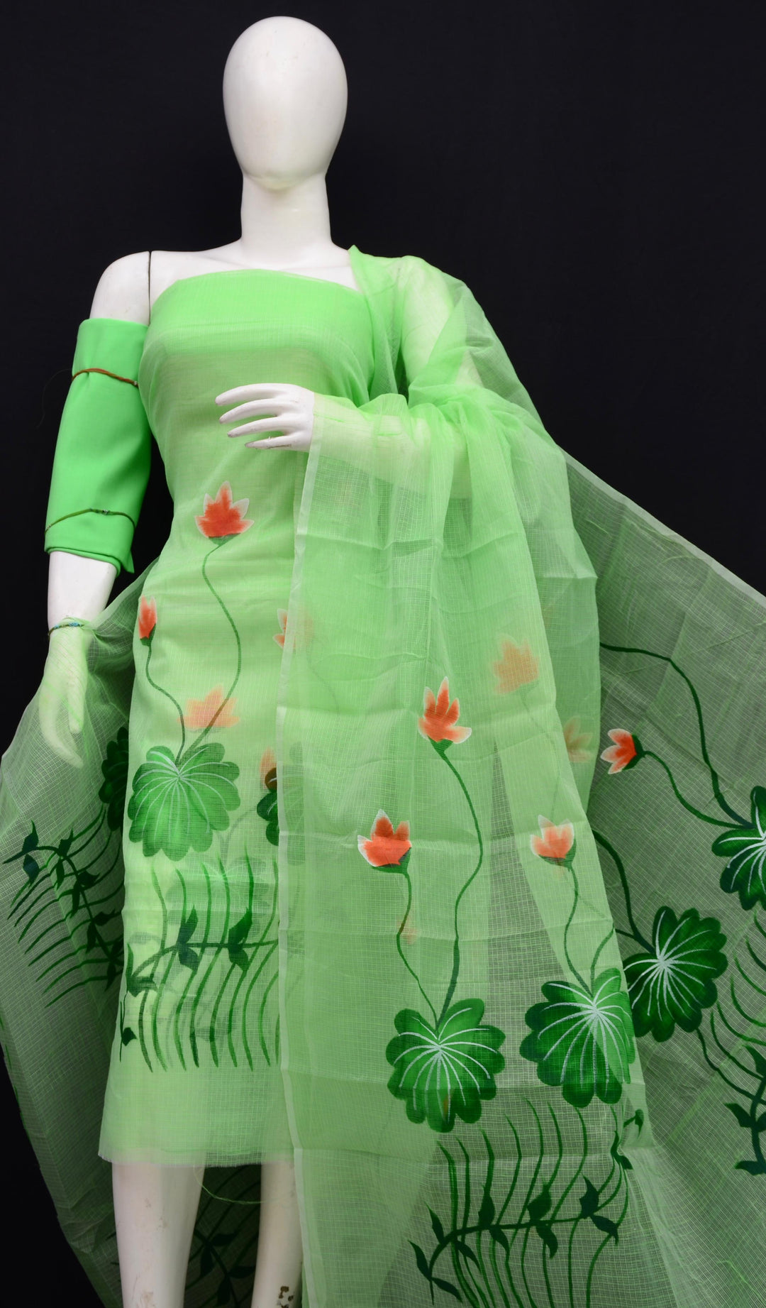 Pure Kota Doria Hand Brush Print Work 3pc Unstitched Suit