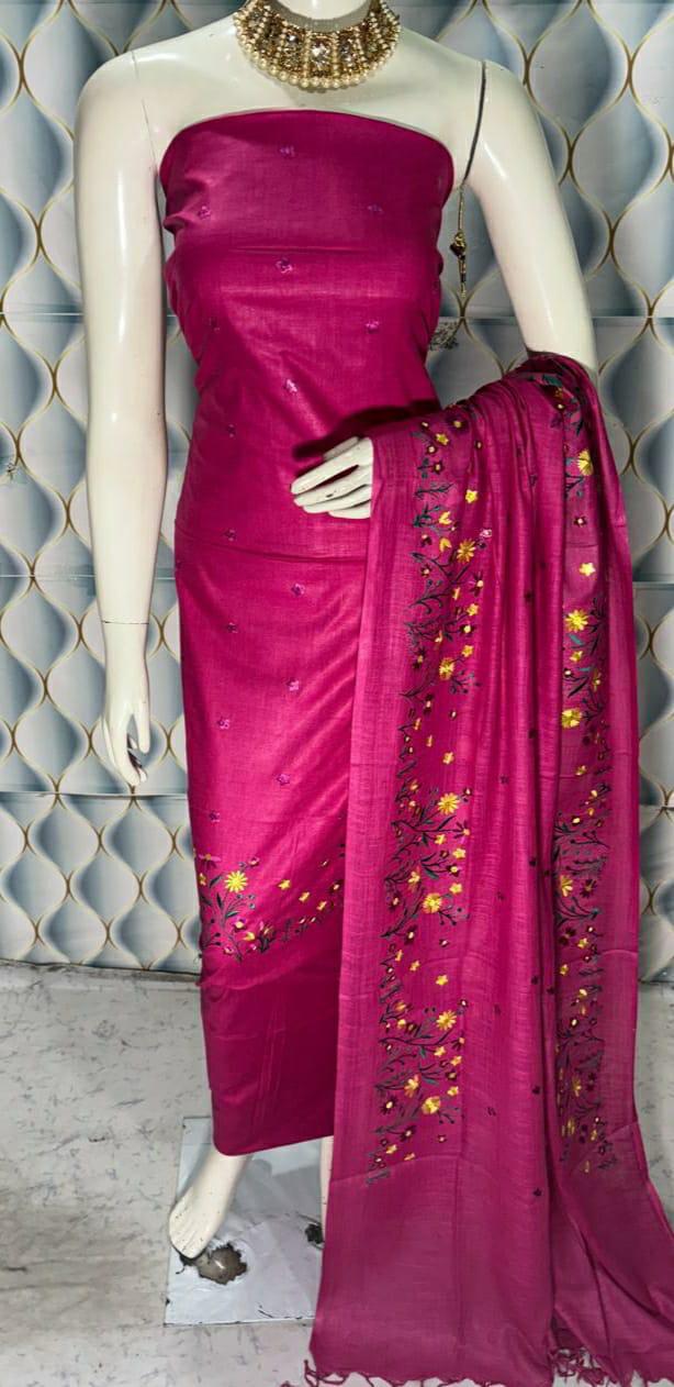 Bhagalpuri Cotton Linen Embroidery Work Unstitched With Dupatta .