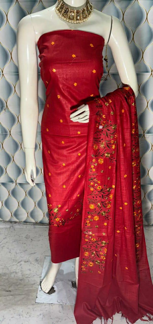 Bhagalpuri Cotton Linen Embroidery Work Unstitched With Dupatta .