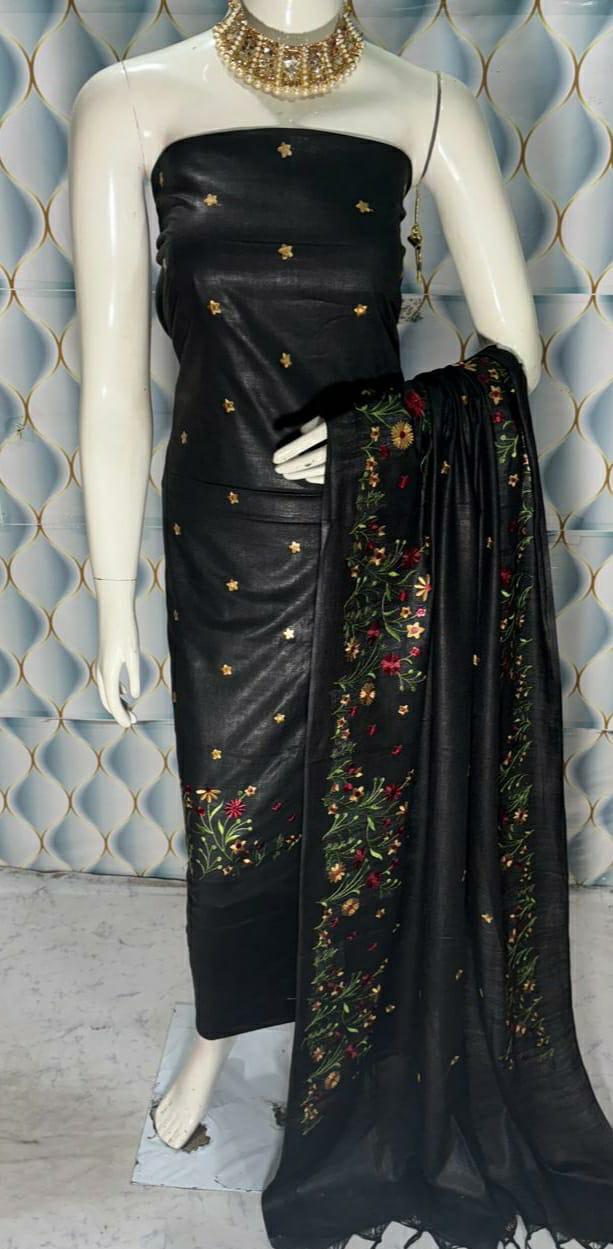 Bhagalpuri Cotton Linen Embroidery Work Unstitched With Dupatta .