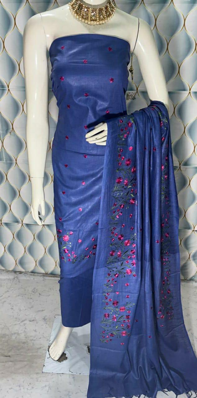 Bhagalpuri Cotton Linen Embroidery Work Unstitched With Dupatta .