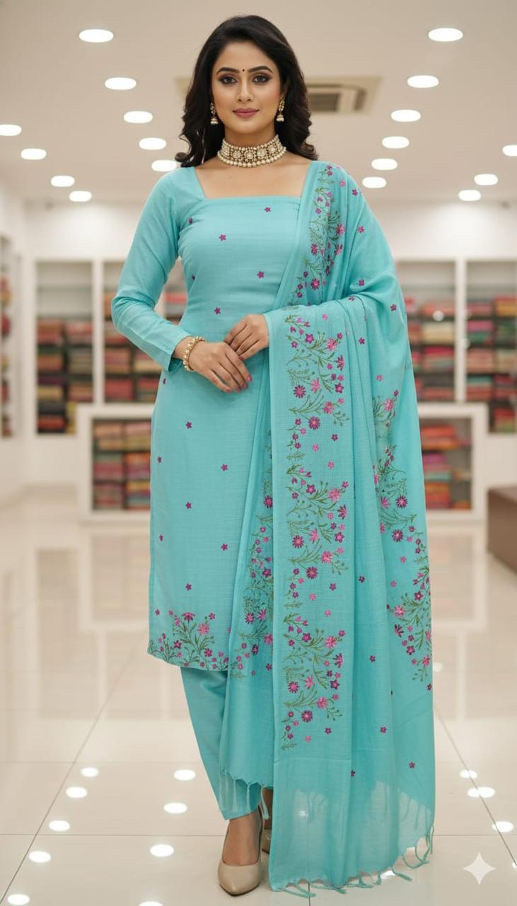 Bhagalpuri Cotton Linen Embroidery Work Unstitched With Dupatta .
