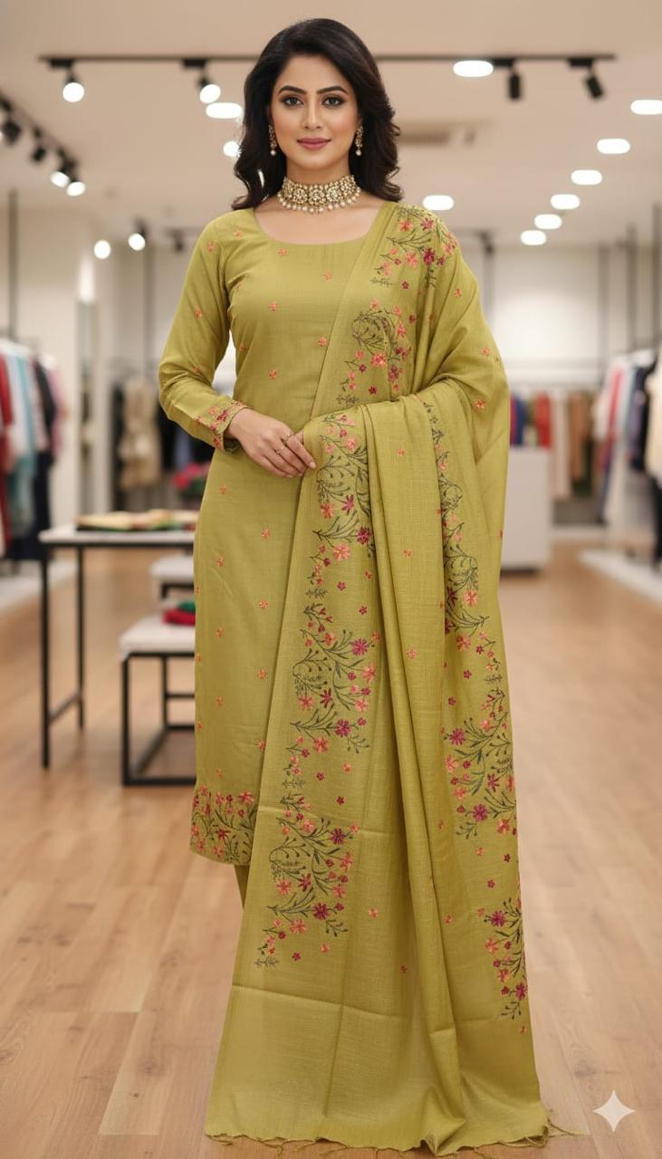 Bhagalpuri Cotton Linen Embroidery Work Unstitched With Dupatta .