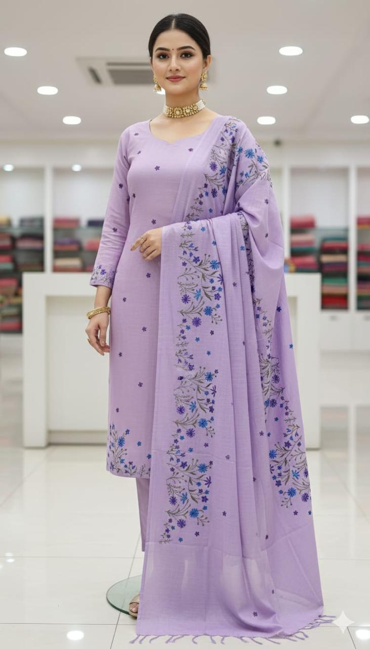 Bhagalpuri Cotton Linen Embroidery Work Unstitched With Dupatta .
