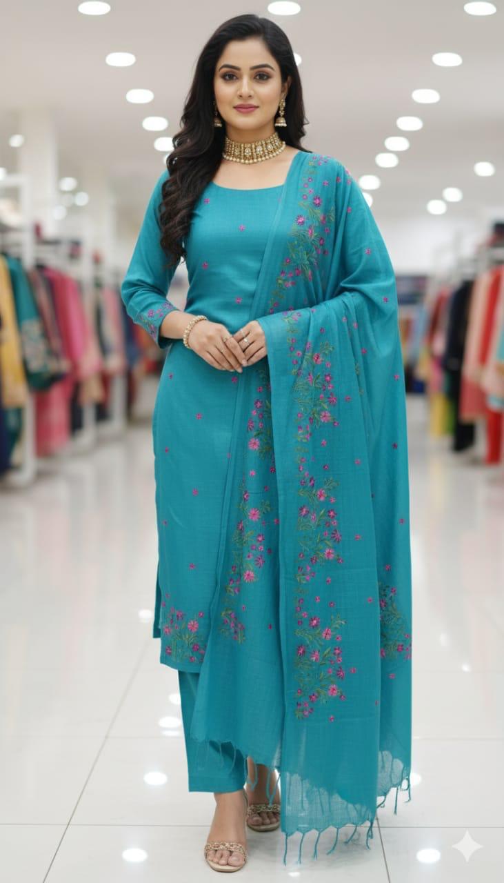 Bhagalpuri Cotton Linen Embroidery Work Unstitched With Dupatta .