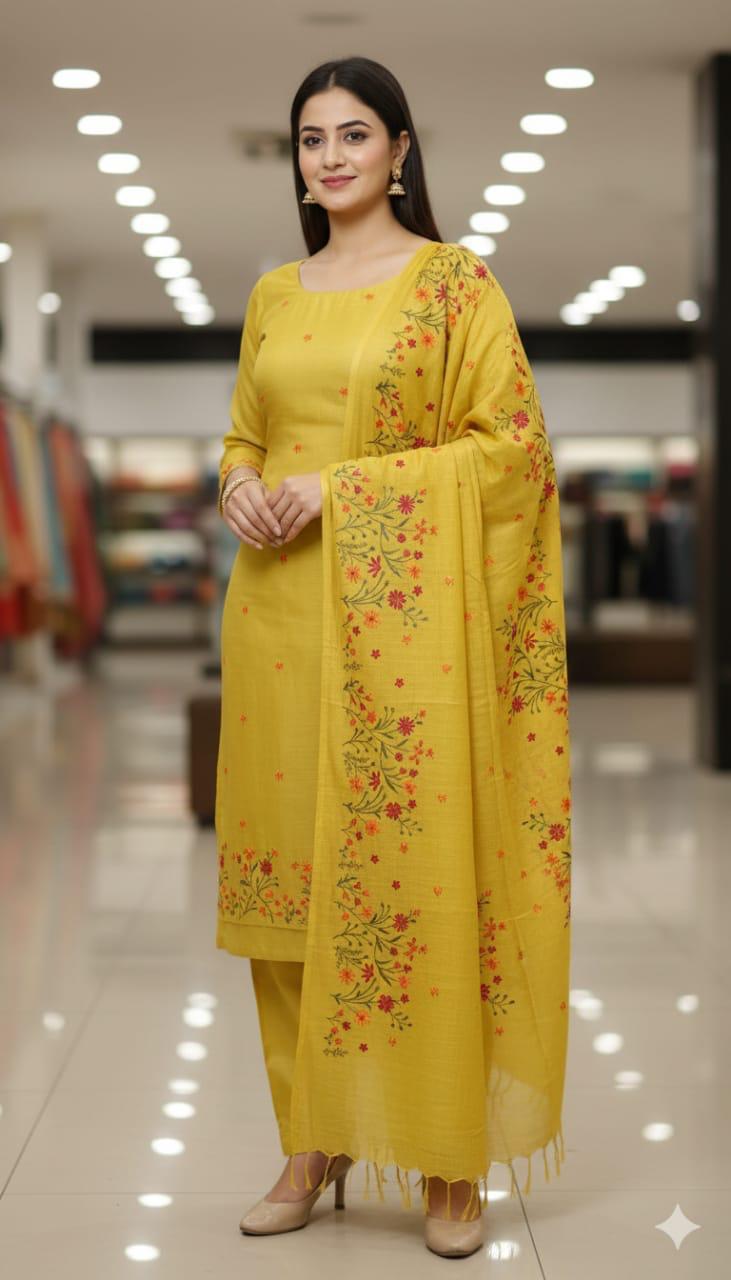 Bhagalpuri Cotton Linen Embroidery Work Unstitched With Dupatta .