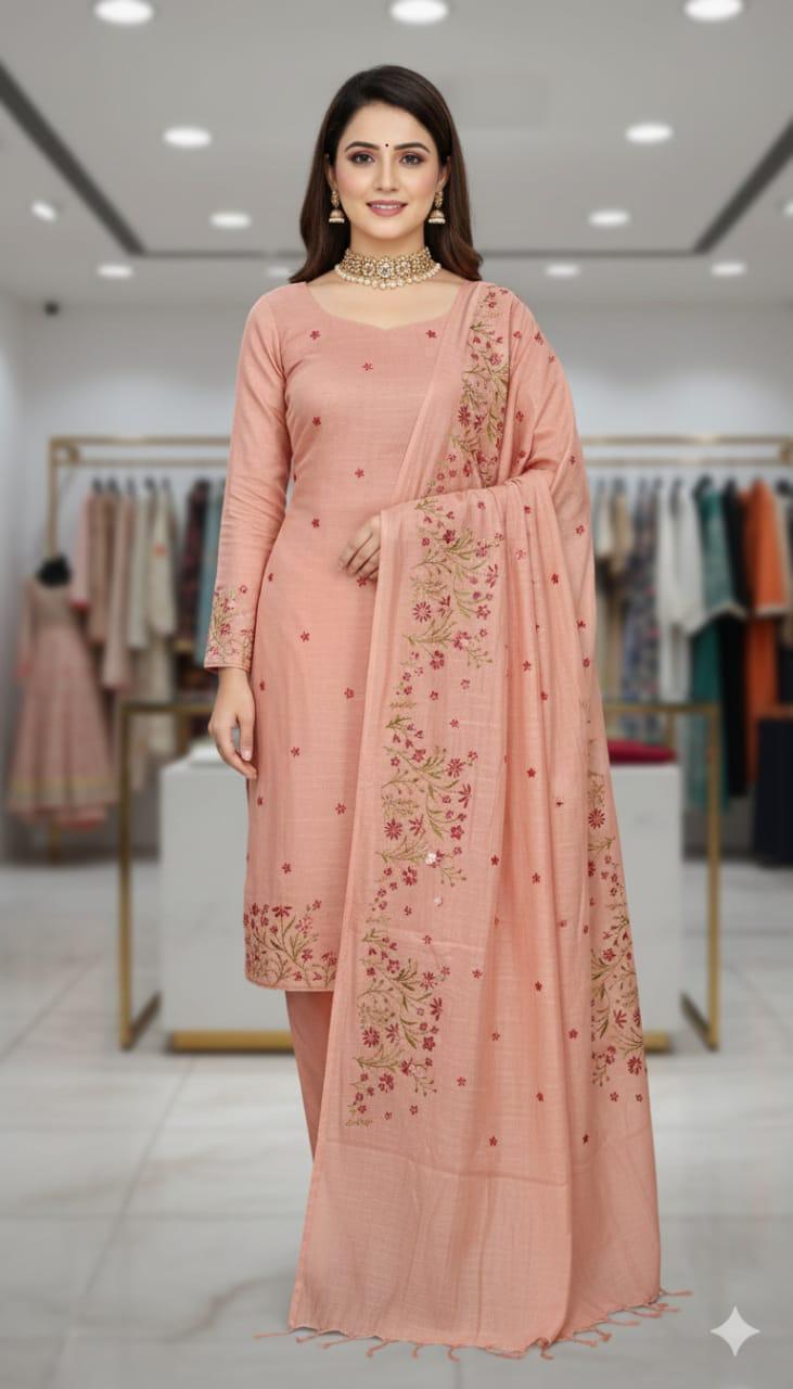 Bhagalpuri Cotton Linen Embroidery Work Unstitched With Dupatta .