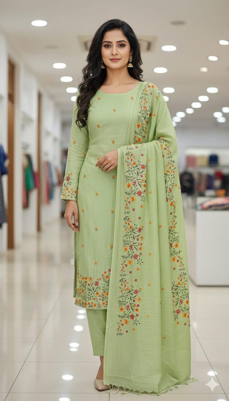 Bhagalpuri Cotton Linen Embroidery Work Unstitched With Dupatta .