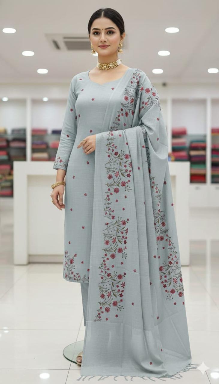 Bhagalpuri Cotton Linen Embroidery Work Unstitched With Dupatta .