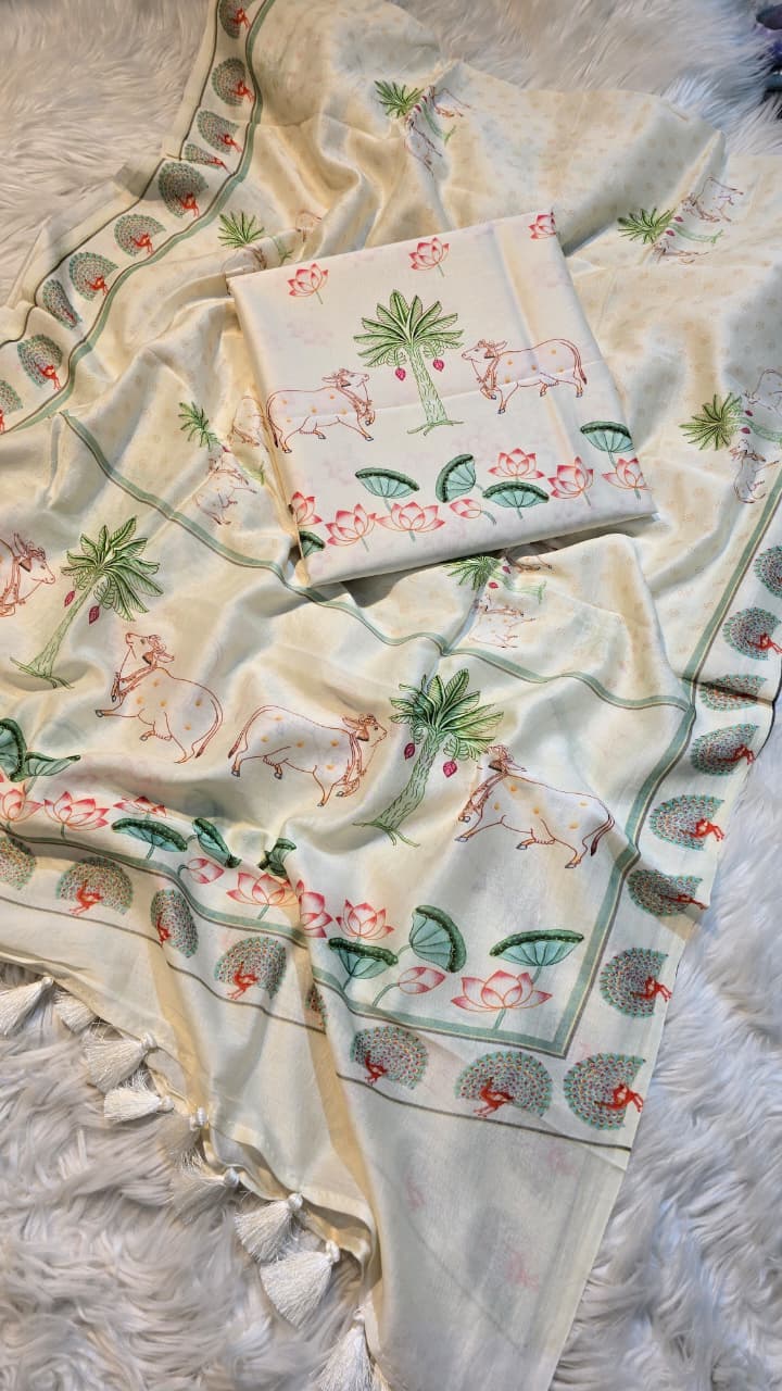 Exclusive Pure Banarasi Chanderi Silk Unstitched Suit With Pichwai print (Copy)