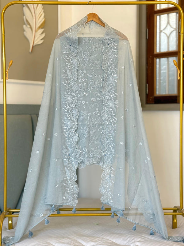 Pure Banarasi Mul Chanderi Silk Unstitched Suit With Embroidery Work