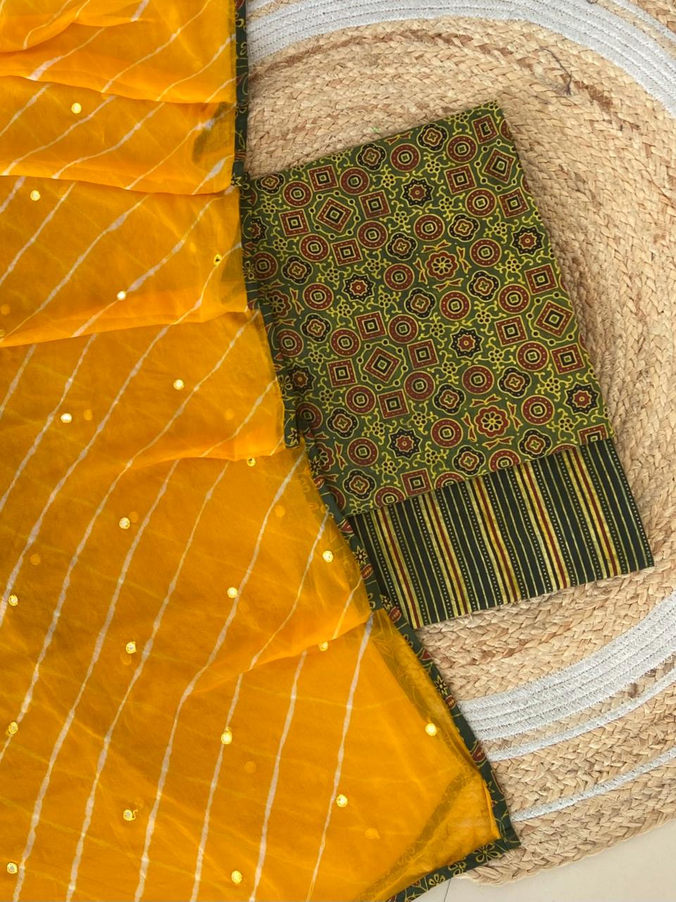 Pure Cotton Azrakh Print Unstitched suit With Chiffon Bandhani & lehriya Dupatta.