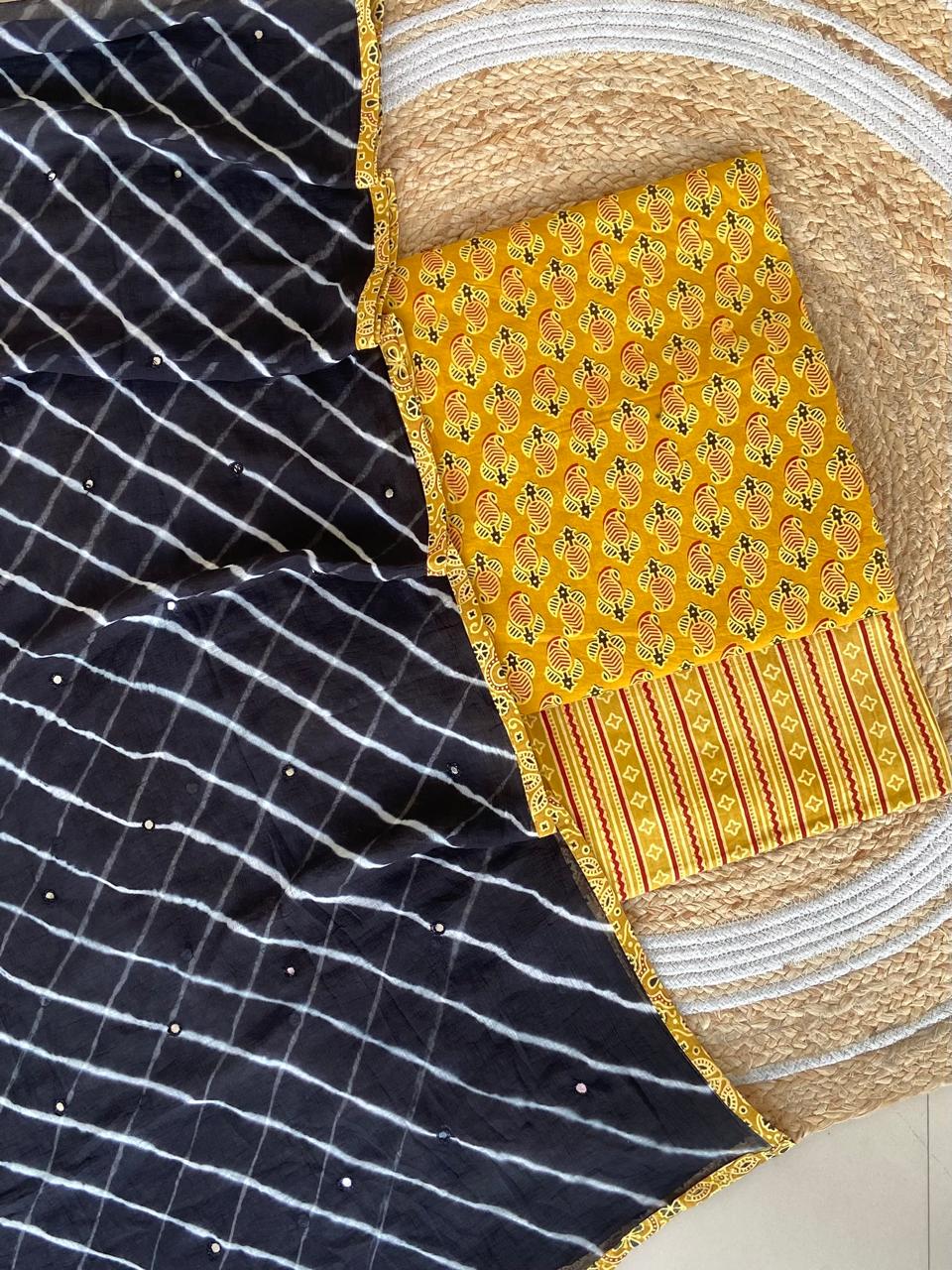 Pure Cotton Azrakh Print Unstitched suit With Chiffon Bandhani & lehriya Dupatta.
