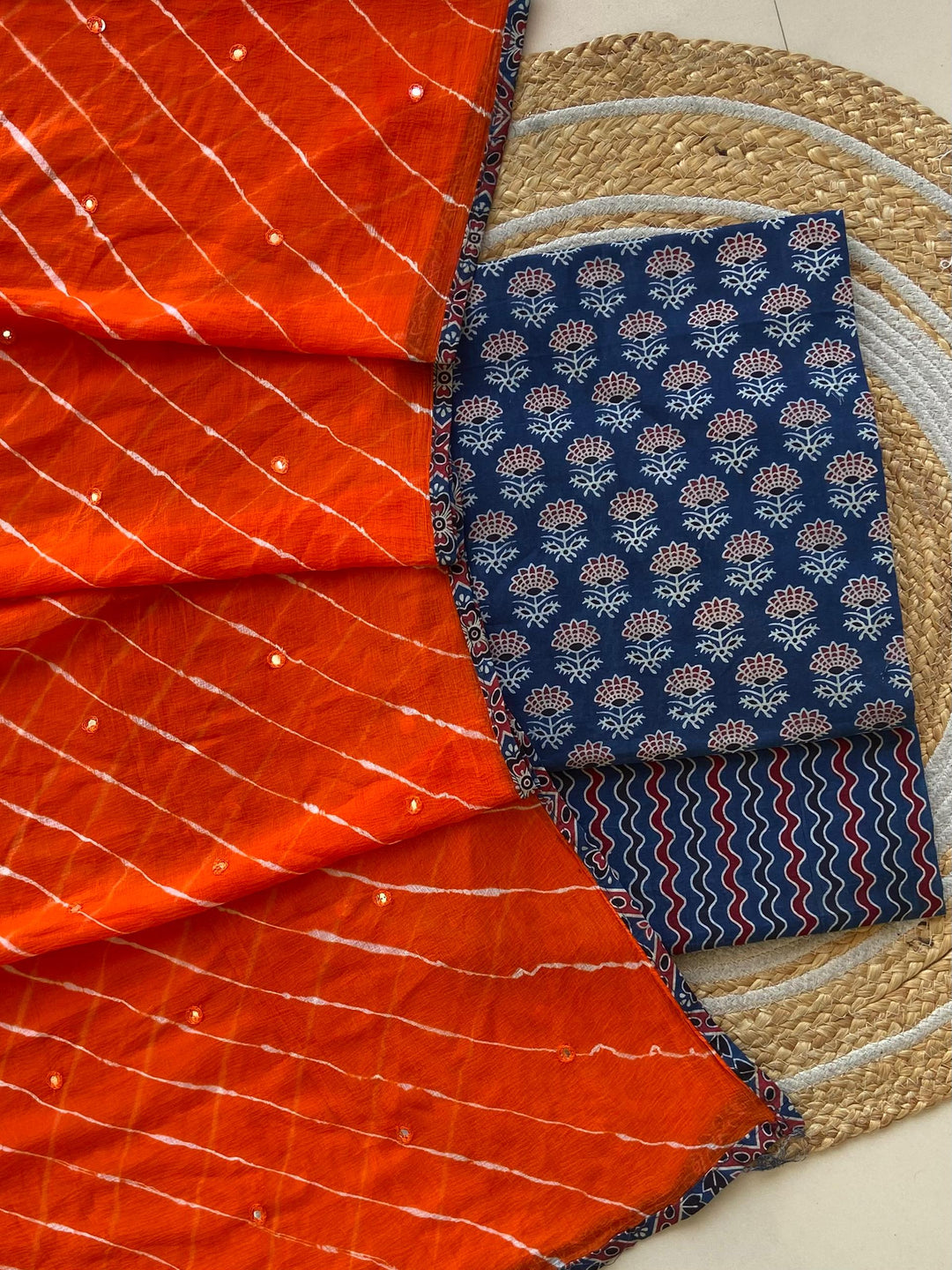 Pure Cotton Azrakh Print Unstitched suit With Chiffon Bandhani & lehriya Dupatta.