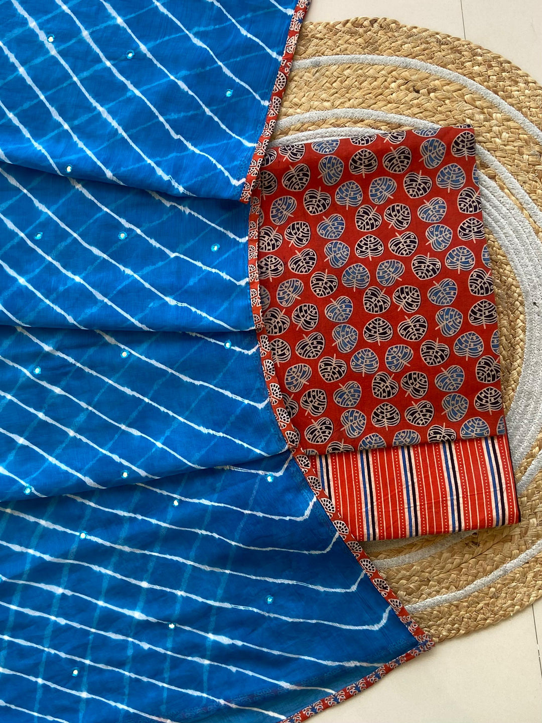 Pure Cotton Azrakh Print Unstitched suit With Chiffon Bandhani & lehriya Dupatta.