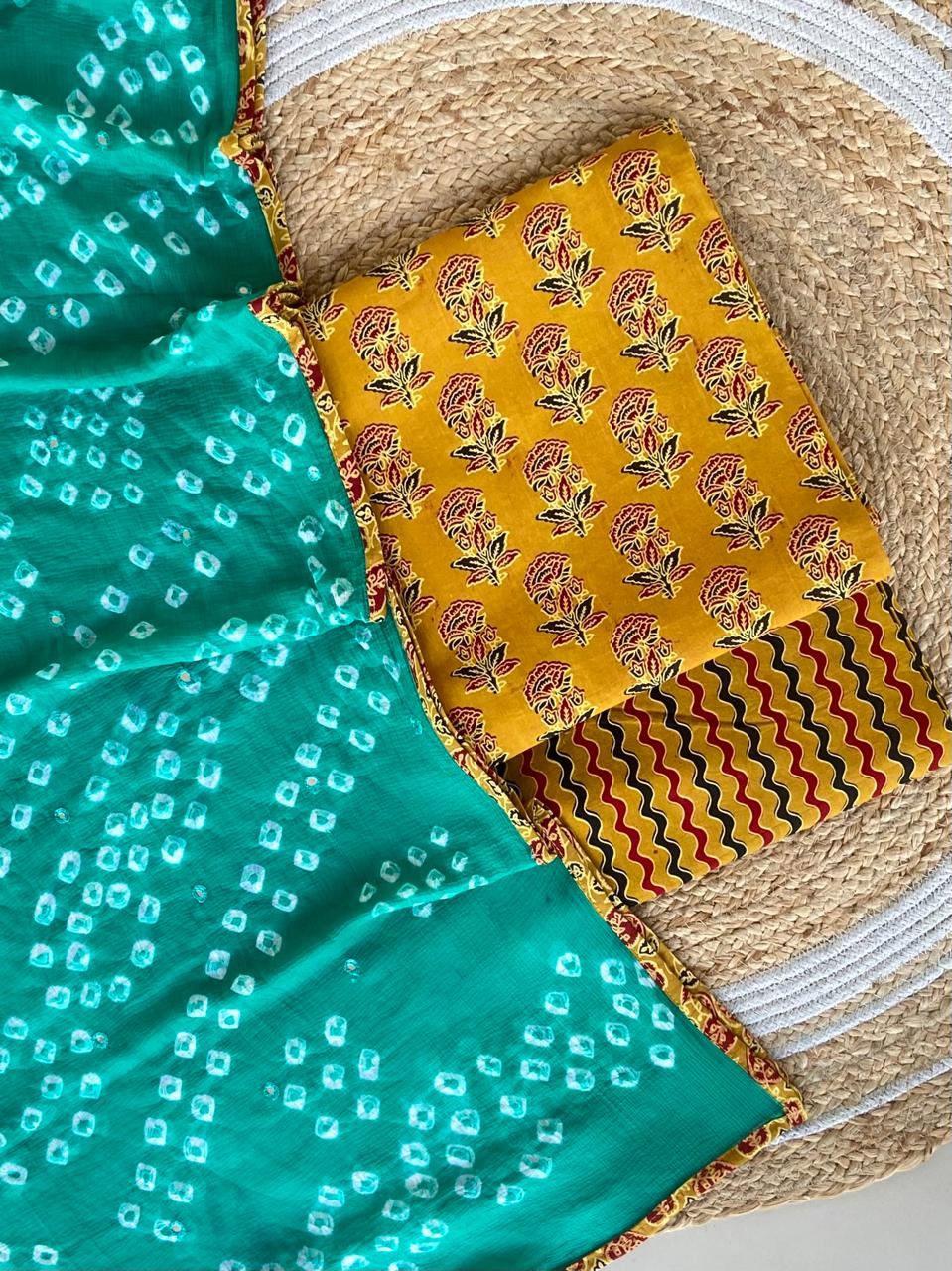 Pure Cotton Azrakh Print Unstitched suit With Chiffon Bandhani & lehriya Dupatta.