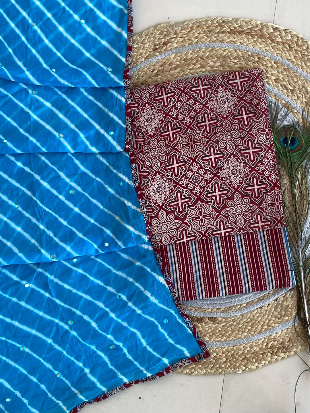 Pure Cotton Azrakh Print Unstitched suit With Chiffon Bandhani & lehriya Dupatta.