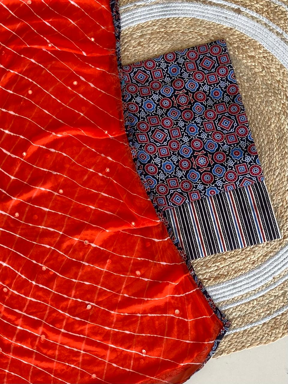 Pure Cotton Azrakh Print Unstitched suit With Chiffon Bandhani & lehriya Dupatta.