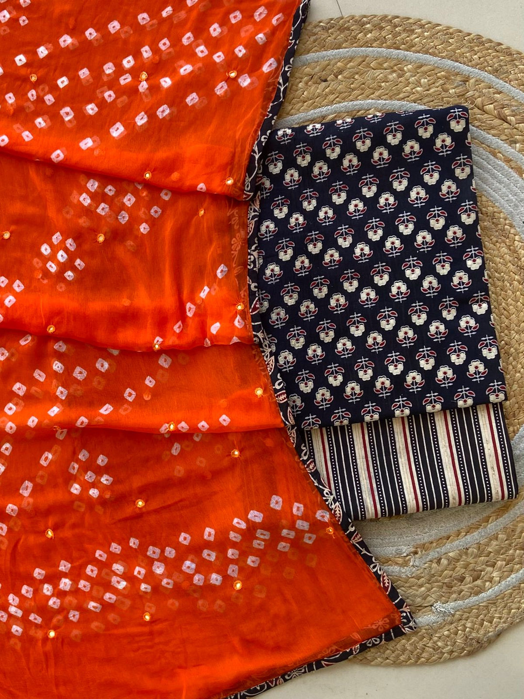 Pure Cotton Azrakh Print Unstitched suit With Chiffon Bandhani & lehriya Dupatta.