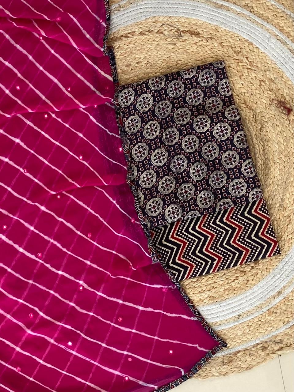 Pure Cotton Azrakh Print Unstitched suit With Chiffon Bandhani & lehriya Dupatta.