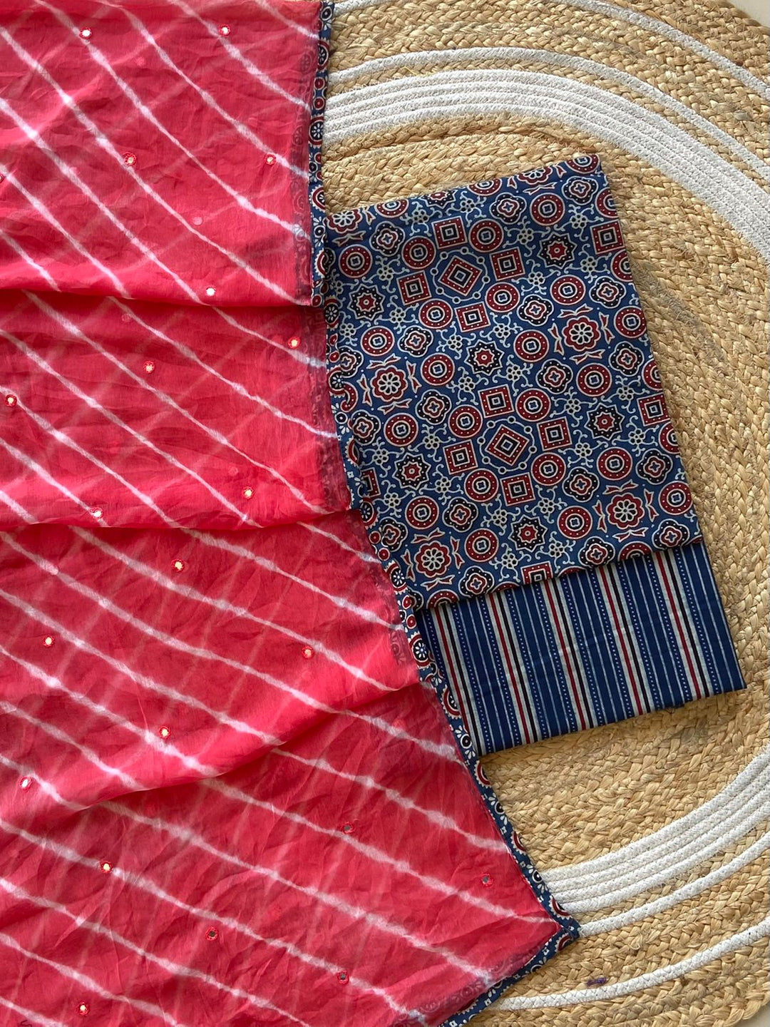 Pure Cotton Azrakh Print Unstitched suit With Chiffon Bandhani & lehriya Dupatta.