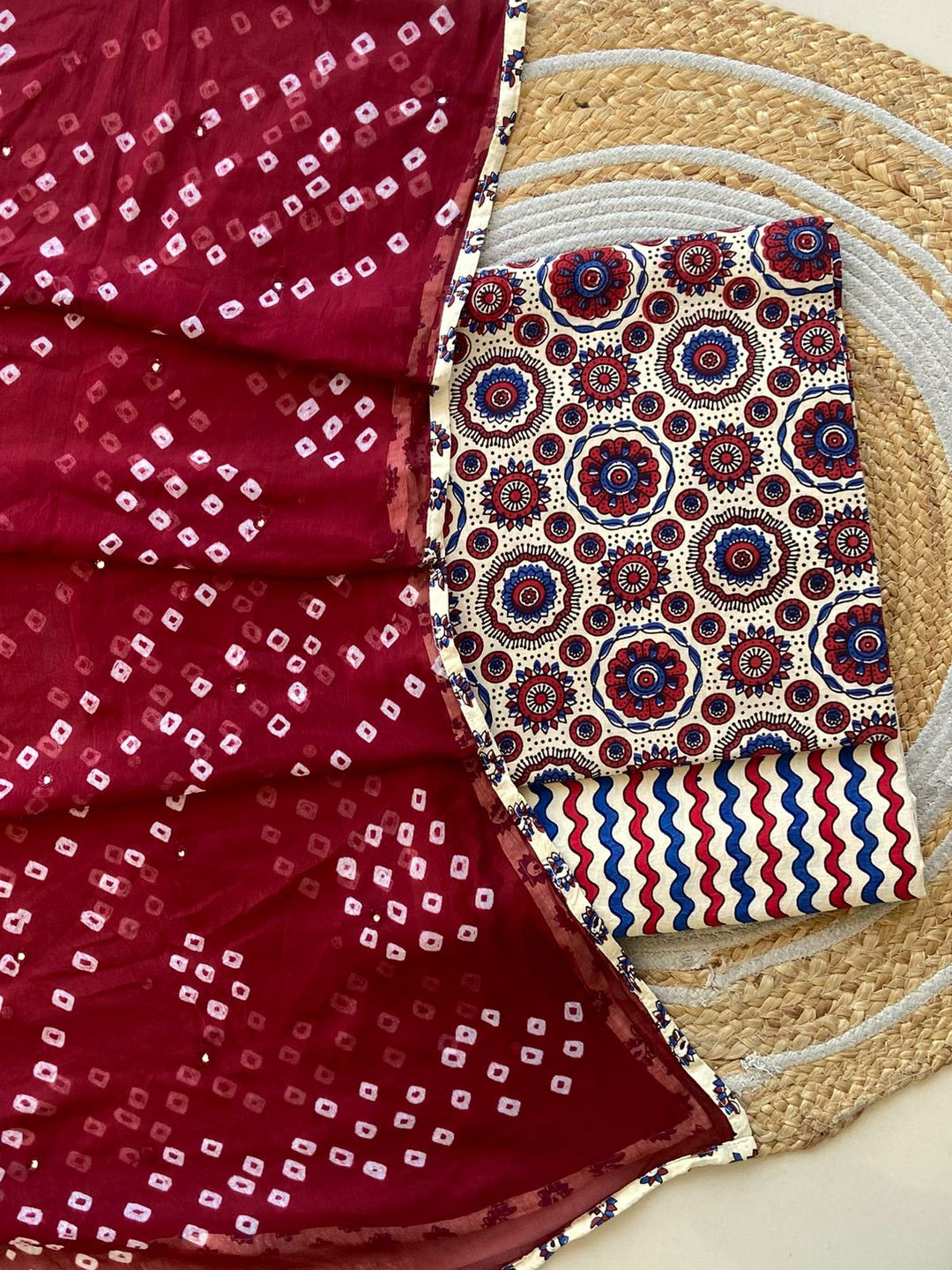 Pure Cotton Azrakh Print Unstitched suit With Chiffon Bandhani & lehriya Dupatta.