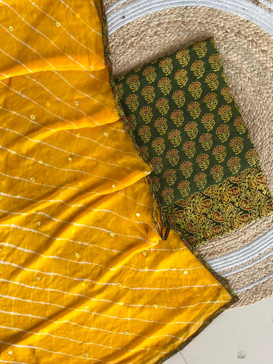 Pure Cotton Azrakh Print Unstitched suit With Chiffon Bandhani & lehriya Dupatta.