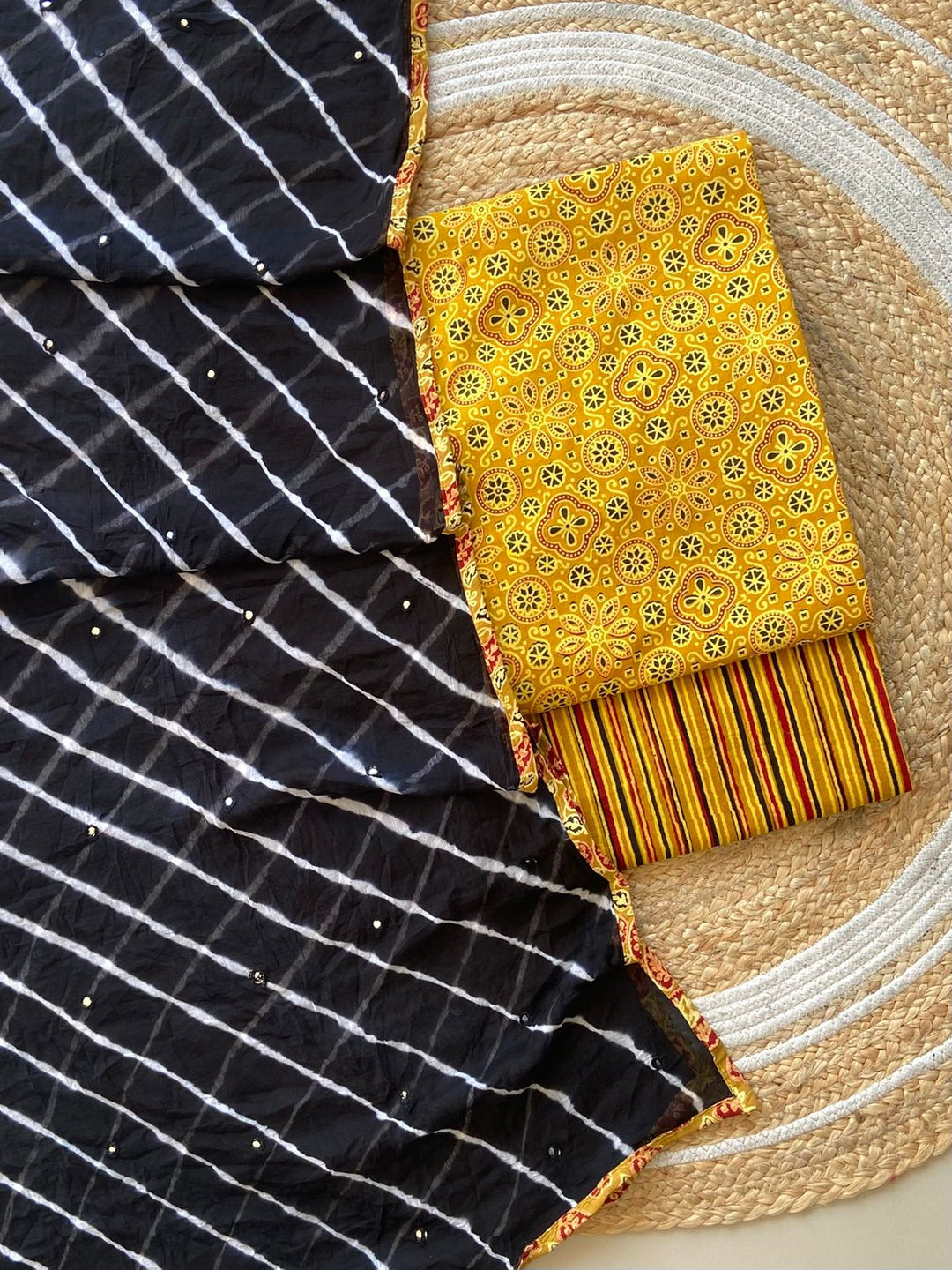 Pure Cotton Azrakh Print Unstitched suit With Chiffon Bandhani & lehriya Dupatta.