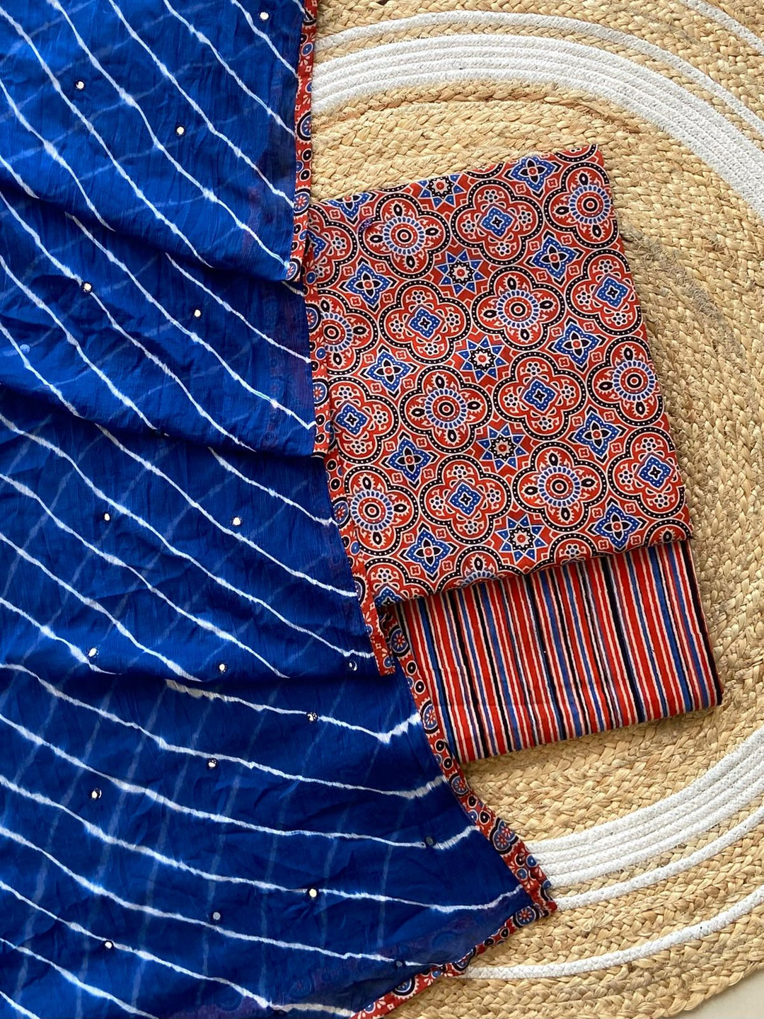 Pure Cotton Azrakh Print Unstitched suit With Chiffon Bandhani & lehriya Dupatta.