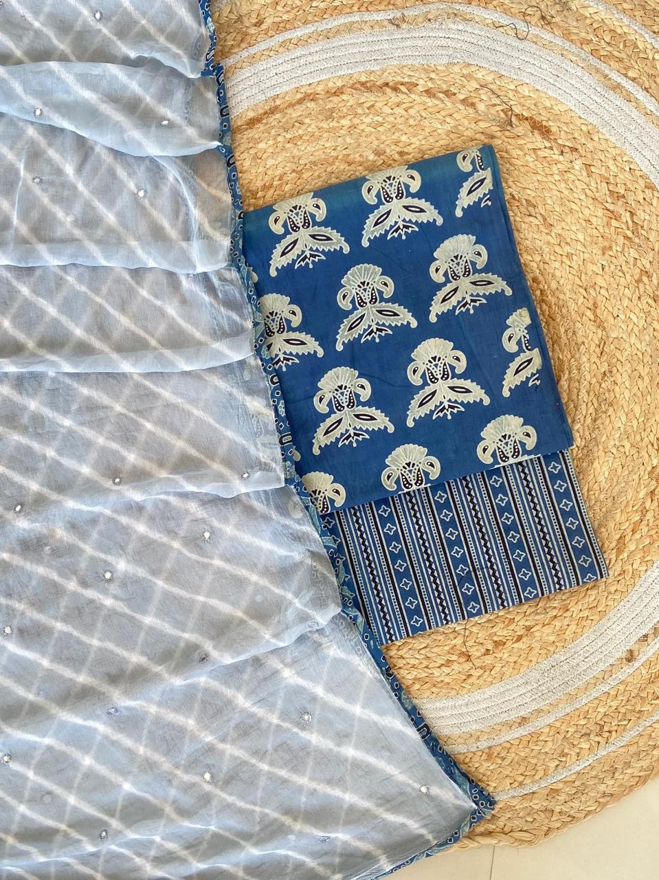 Pure Cotton Azrakh Print Unstitched suit With Chiffon Bandhani & lehriya Dupatta.