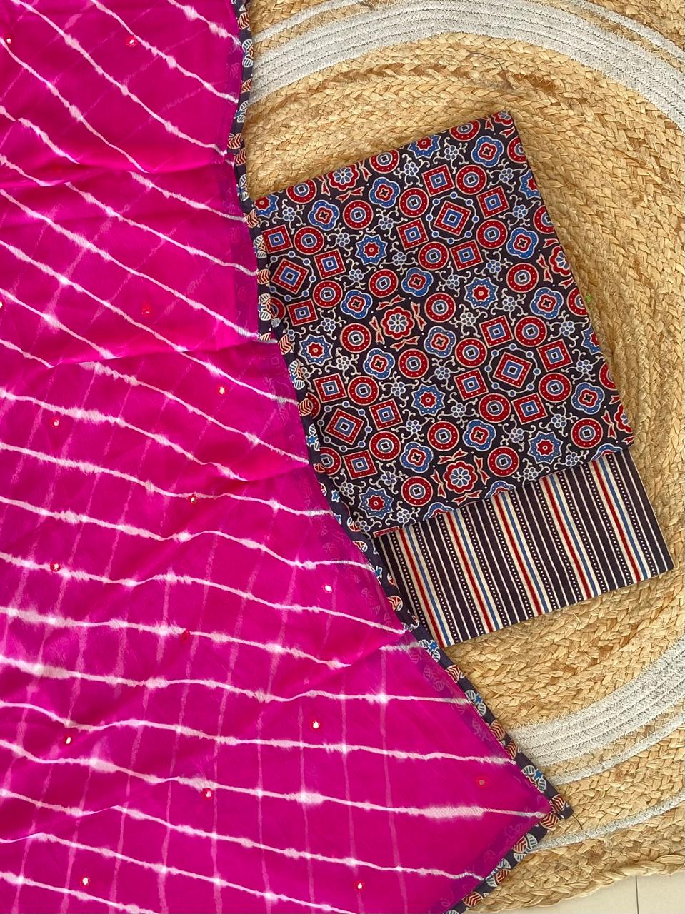 Pure Cotton Azrakh Print Unstitched suit With Chiffon Bandhani & lehriya Dupatta.