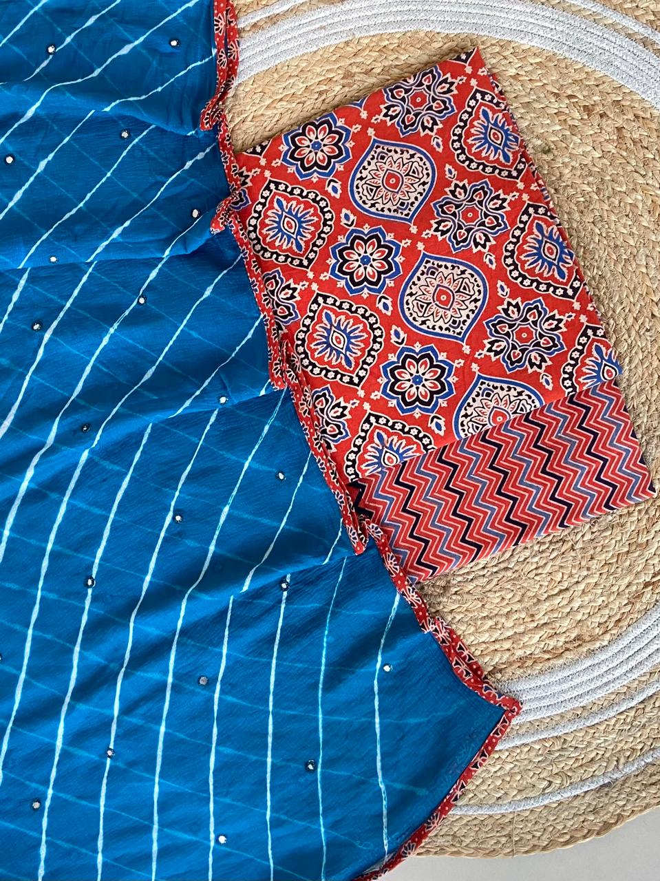 Pure Cotton Azrakh Print Unstitched suit With Chiffon Bandhani & lehriya Dupatta.