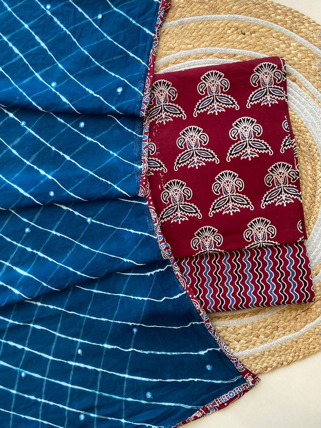 Pure Cotton Azrakh Print Unstitched suit With Chiffon Bandhani & lehriya Dupatta.