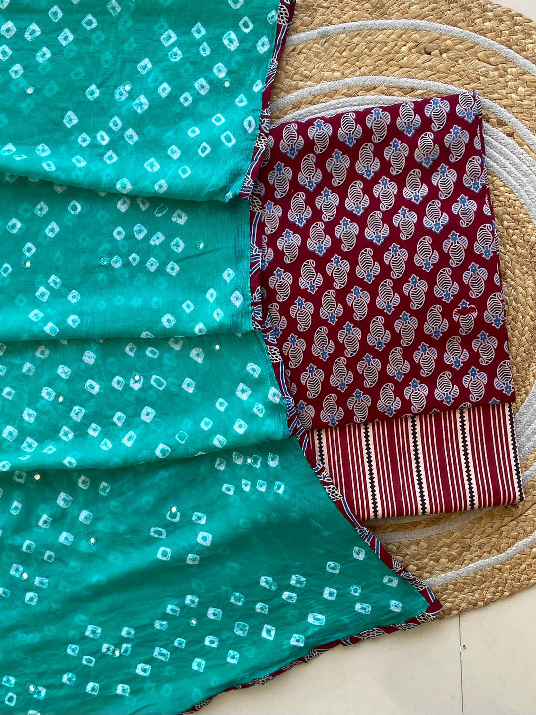 Pure Cotton Azrakh Print Unstitched suit With Chiffon Bandhani & lehriya Dupatta.