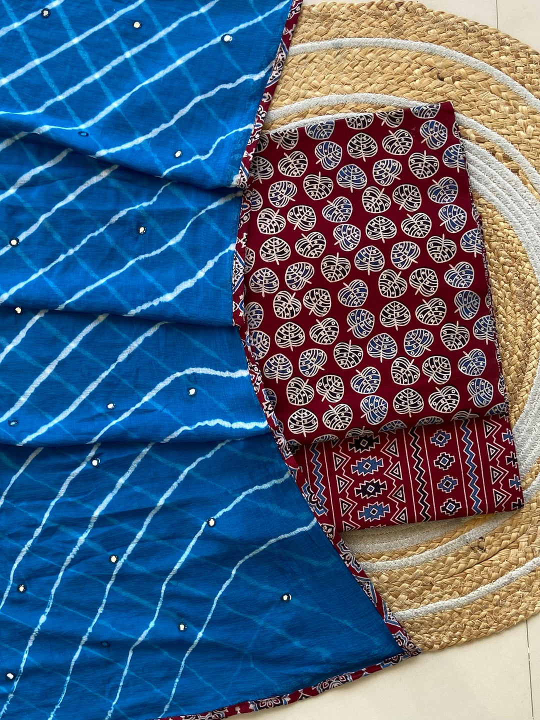 Pure Cotton Azrakh Print Unstitched suit With Chiffon Bandhani & lehriya Dupatta.