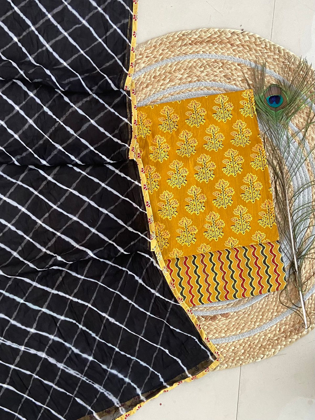 Pure Cotton Azrakh Print Unstitched suit With Chiffon Bandhani & lehriya Dupatta.