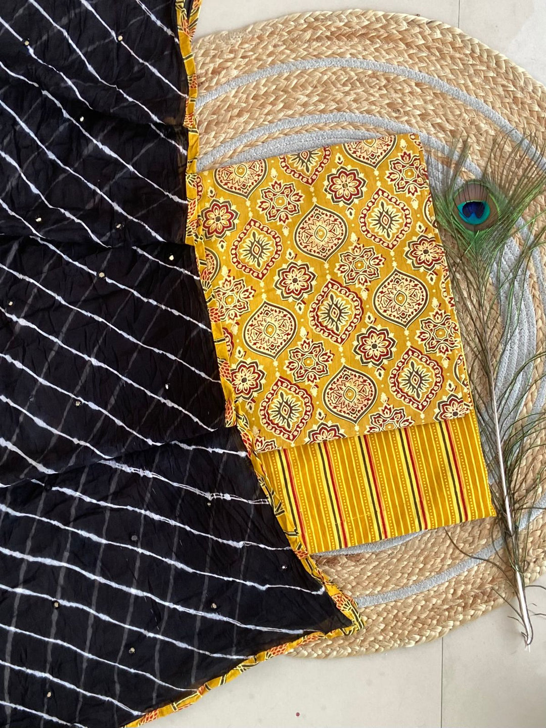 Pure Cotton Azrakh Print Unstitched suit With Chiffon Bandhani & lehriya Dupatta.
