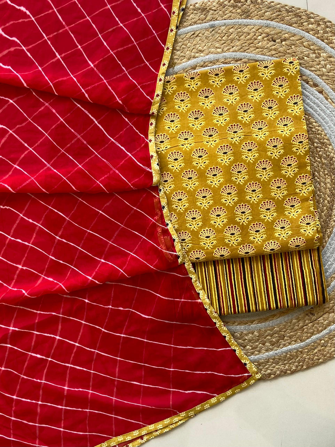 Pure Cotton Azrakh Print Unstitched suit With Chiffon Bandhani & lehriya Dupatta.