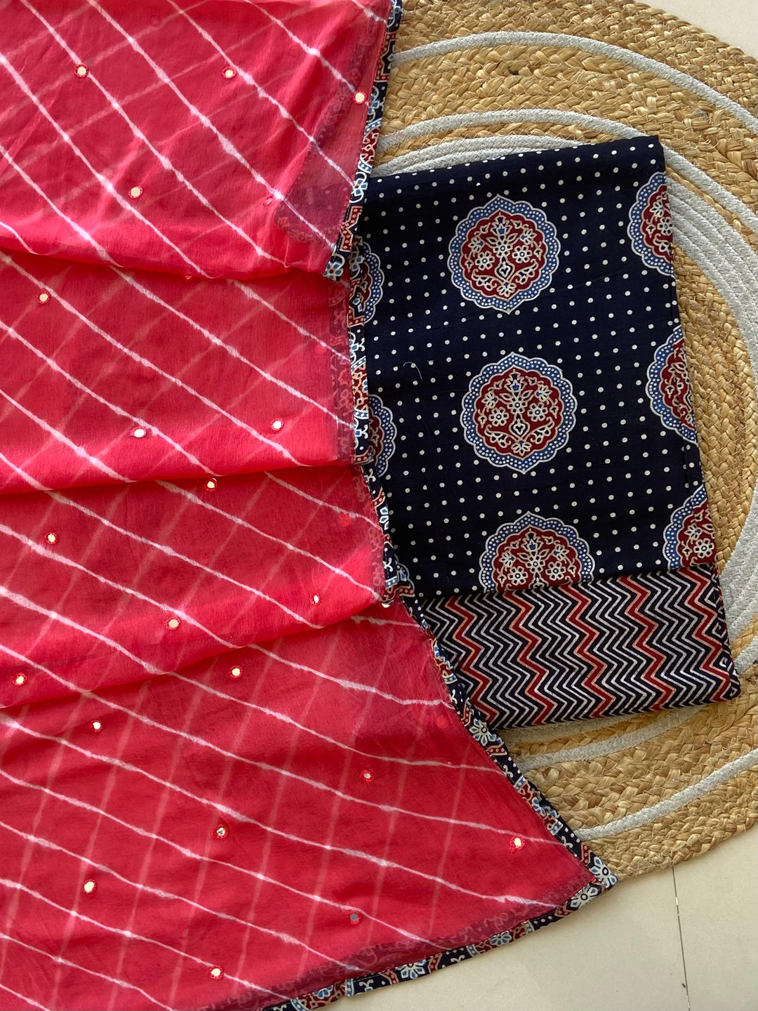 Pure Cotton Azrakh Print Unstitched suit With Chiffon Bandhani & lehriya Dupatta.
