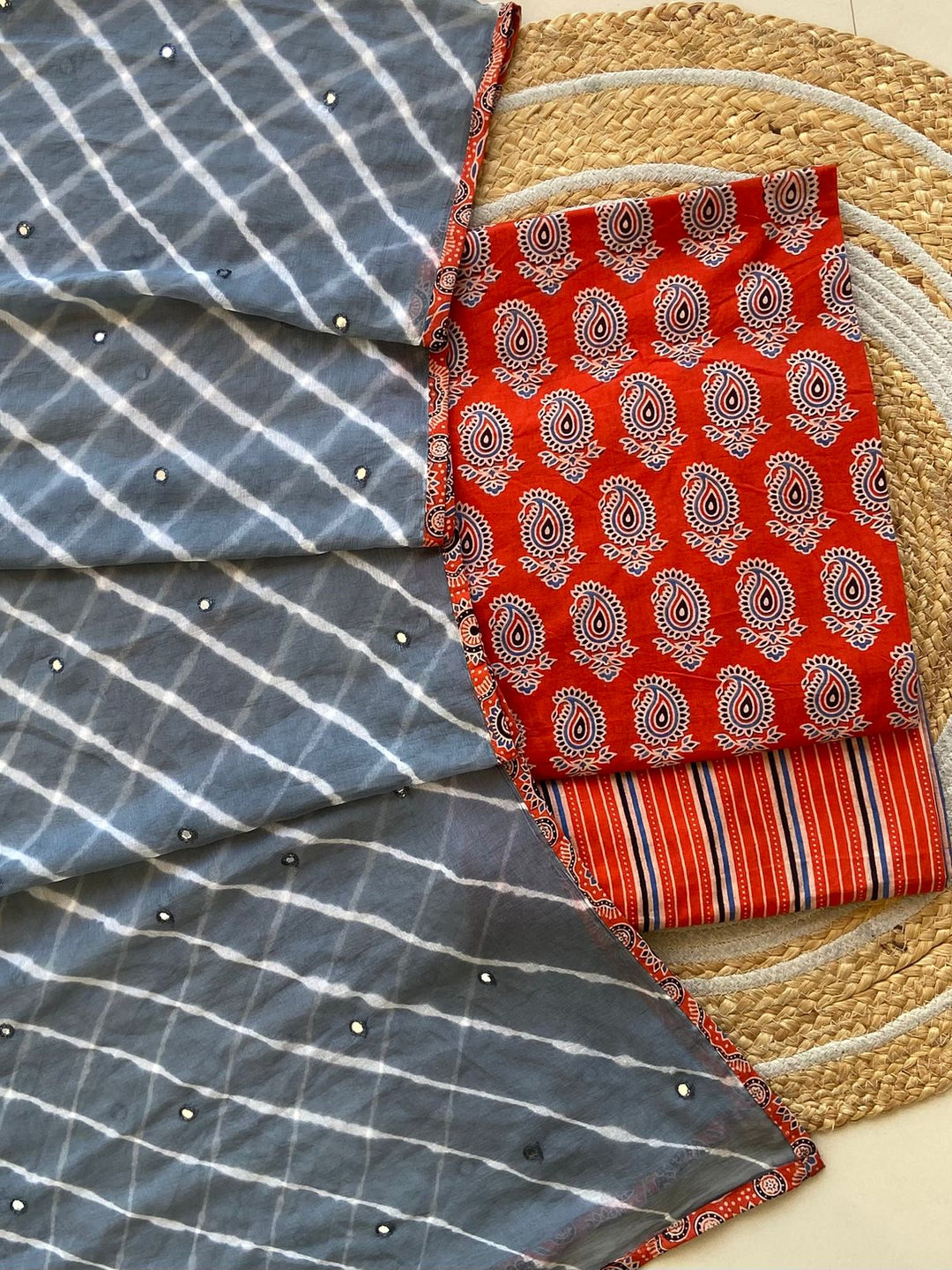 Pure Cotton Azrakh Print Unstitched suit With Chiffon Bandhani & lehriya Dupatta.
