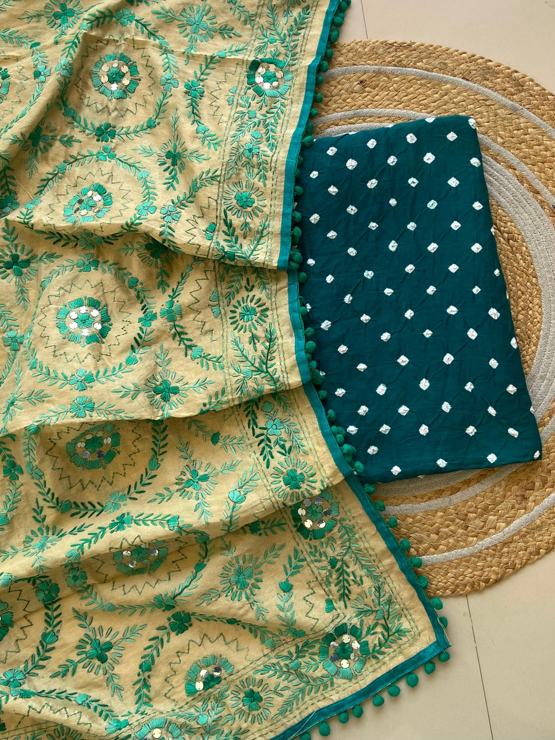 Pure Cotton Shatin Badhani Print Unstitched suit With Chanderi Fulkari Work .