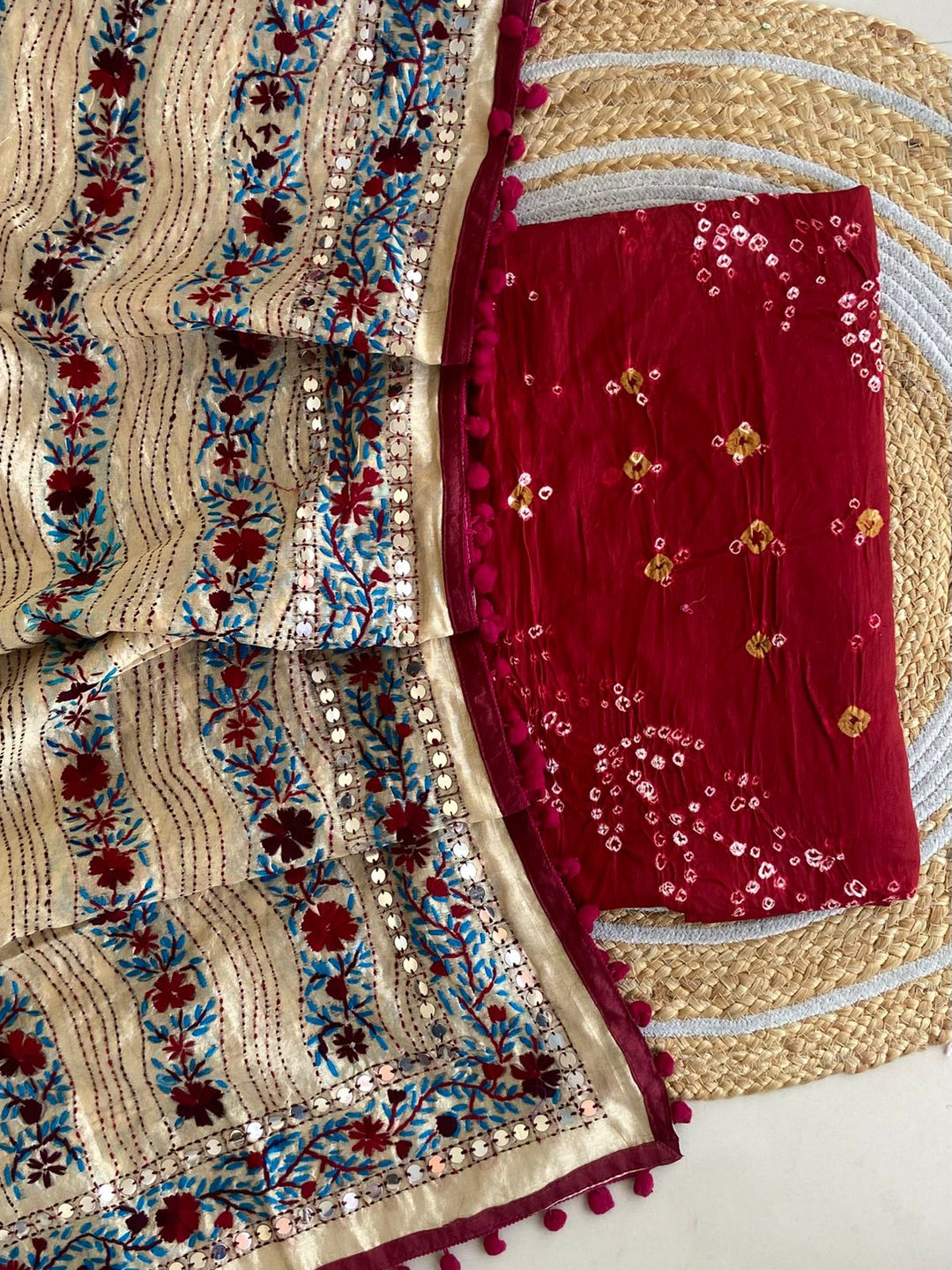 Pure Cotton Shatin Badhani Print Unstitched suit With Chanderi Fulkari Work .
