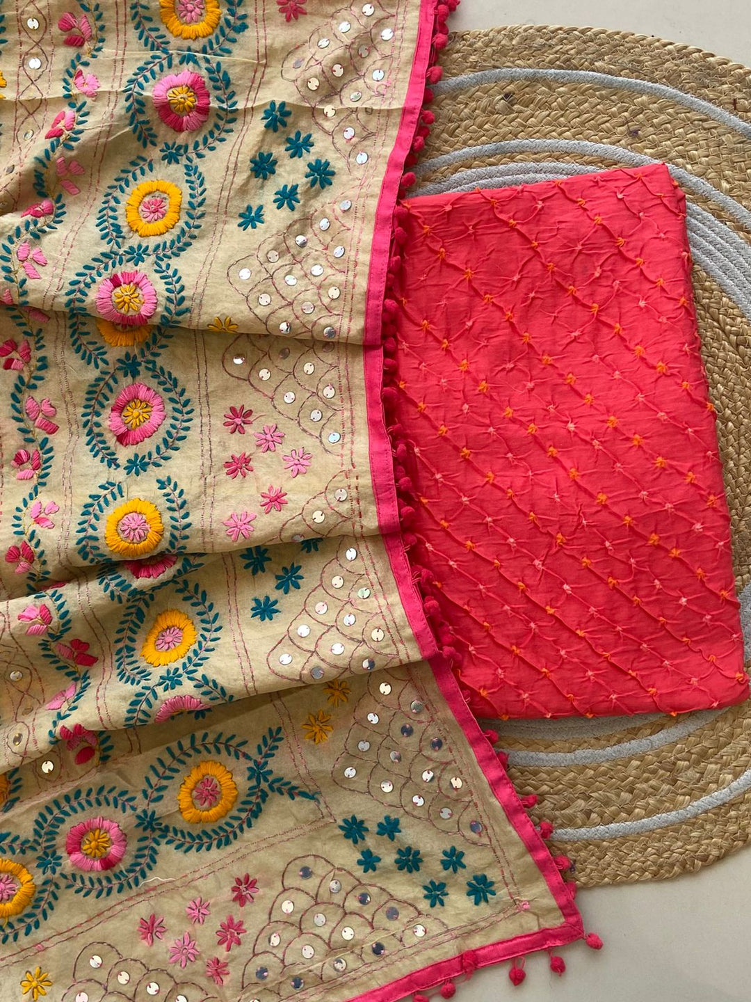 Pure Cotton Shatin Badhani Print Unstitched suit With Chanderi Fulkari Work .