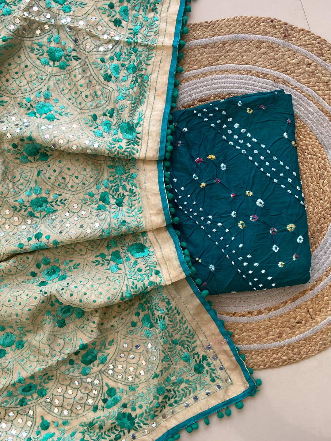 Pure Cotton Shatin Badhani Print Unstitched suit With Chanderi Fulkari Work .