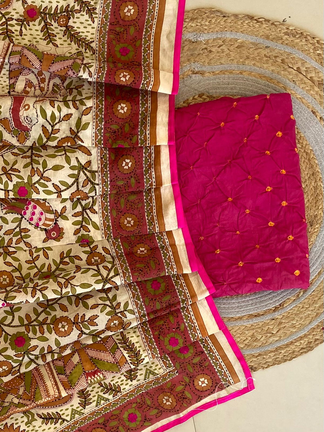 Pure Cotton Shatin Badhani Print Unstitched suit With Chanderi Fulkari Work .