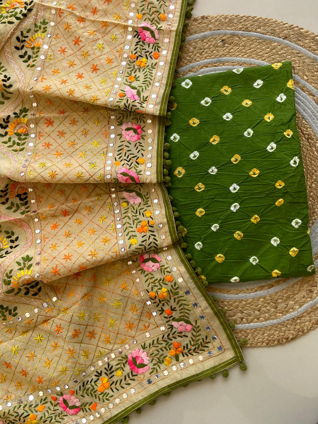Pure Cotton Shatin Badhani Print Unstitched suit With Chanderi Fulkari Work .